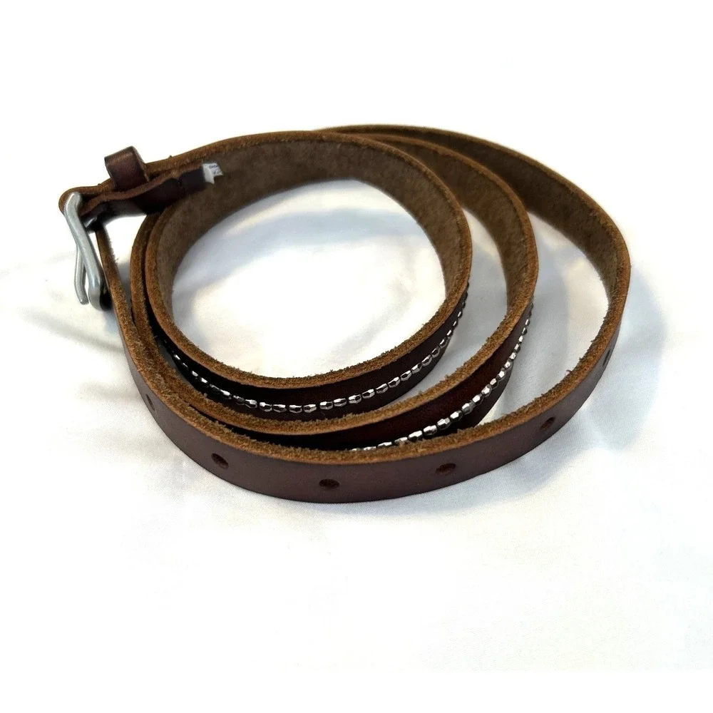 Womens Slim Brown Leather Belt Silver Micro‎ Studded Skinny Boho Western 41.5in